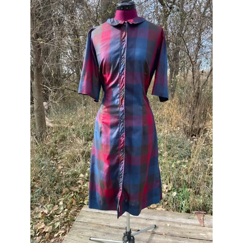 Vintage 1970s Button Front Shirt Dress Plaid Hob Nobber Size Large - Picture 5 of 15